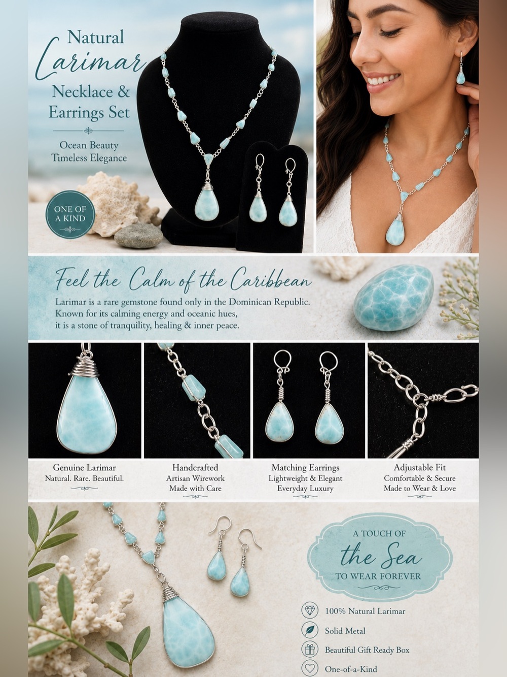 Natural Larimar Necklace & Earrings Set